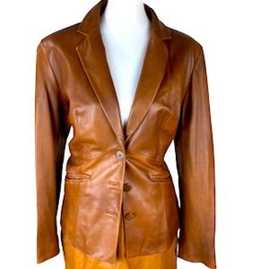 Preston & York Brown Lambskin Leather Button Blazer Jacket Size Large